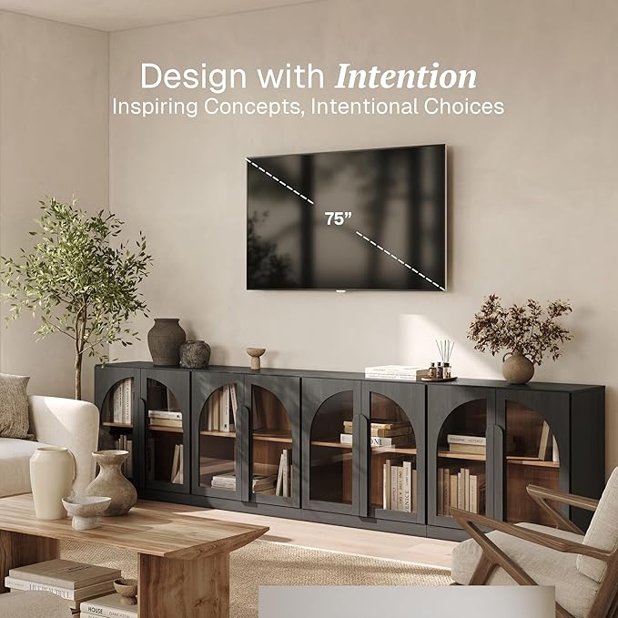 BELLEZE Bijou Set of 4 Wall-to-Wall Storage Cabinets (126" Wide) - Grand Sideboard Buffet System w/8 Arched Glass Doors - Massive Entertainment Center & Display Console for Living Room, Office, Ebony