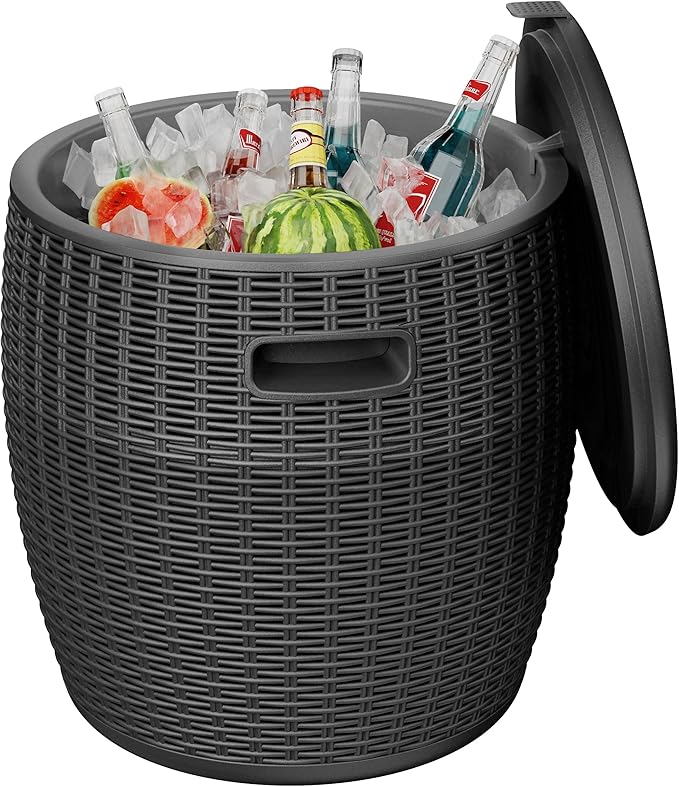 EasyUp 9.5 Gallon Outdoor Cooler Table, Wicker Round Ice Bucket for Parties, Rattan Bar Table with Top Lid Side Handles Drainage Plug, Beer Wine Cooler Side Tables for Patio, Poolside, Deck, Black