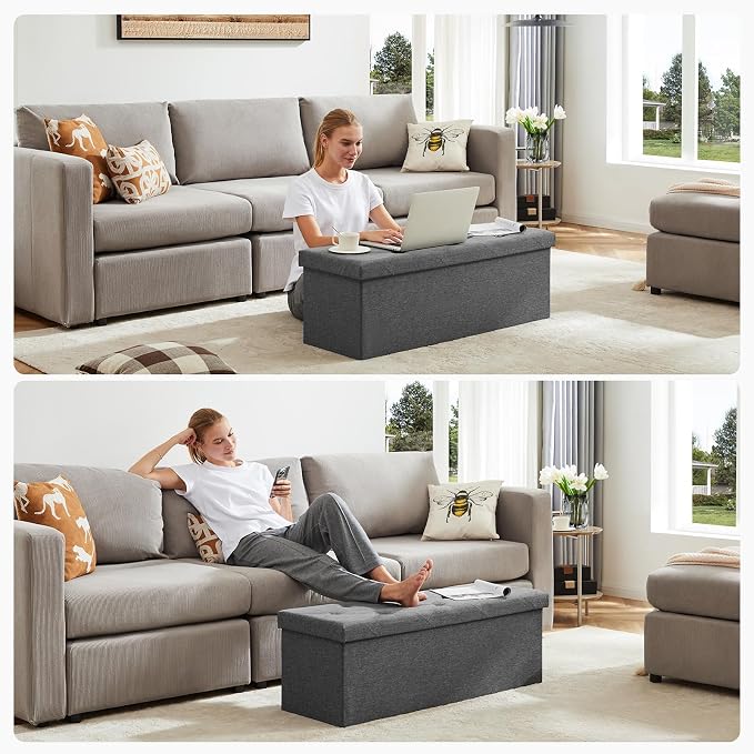 DUMOS 43 Inch Folding Storage Ottoman Bench, Spacious Hidden Organizer with Foam Cushioned Top, End of Bed Foot Rest Stool for Bedroom Living Room Entryway, Supports Up to 660 LBS, Linen Fabric, Gray