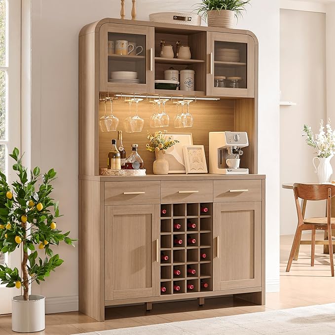 77" Tall Kitchen Pantry Cabinet with Charging Station, Kitchen Hutch Storage Cabinet with LED Lights, Wine Coffee Bar Cabinet with 24-Bottle Wine Rack for Kitchen Home Dining Room, Oak