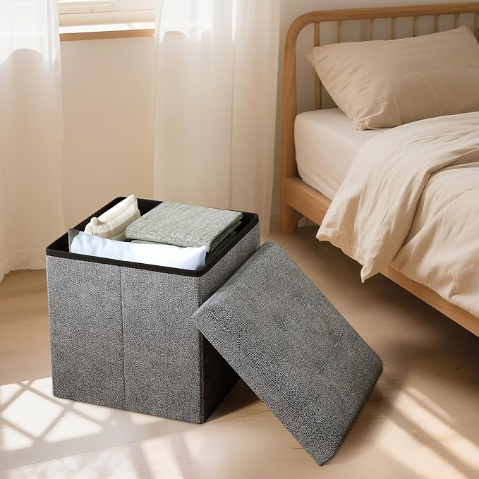 Storage Ottoman Bench, 15 Inch Ottoman Foot Rest, End of Bed Bench, Storage Chest for Living Room, Bedroom, Entryway, Gray