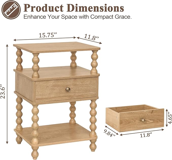 AWASEN Night Stand with Drawer, Bedside Table with Storage, 3-Tier Small Nightstand End Table for Bedroom with Solid Wood Spindle Legs, Rustic Walnut