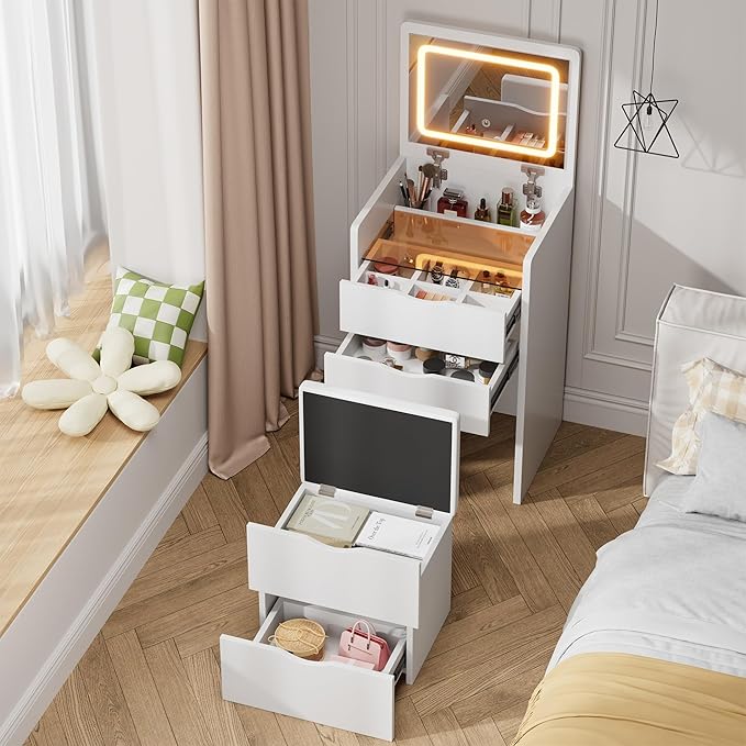 Mr IRONSTONE Compact Vanity Desk with Mirror and Lights, Hidden Makeup Vanity Cabinet with Storage Drawers & Shelves, Small Vanity Table for Bedroom, Flip Top Vanity for Small Spaces, White