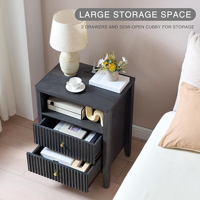 Fluted Nightstand with Charging Station Set of 2, 21" Wide Modern Bedside Table with 2 Drawers & Open Shelf, Wood End Table with Storage & Metal Handle for Bedroom, Small Spaces, Black Grey