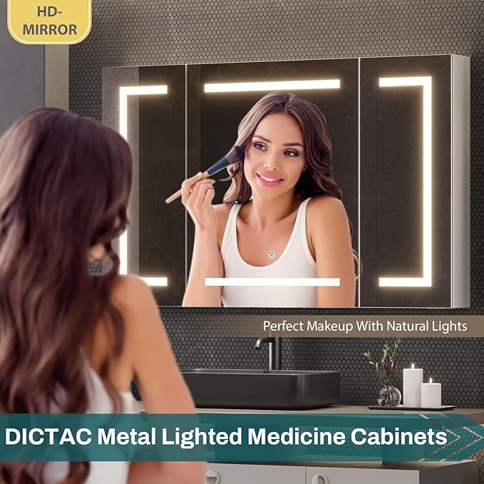 DICTAC Medicine Cabinet with Mirror and LED Light, Wall Mounted Bathroom Mirror with Storage, 3 Doors Bathroom Wall Cabinet, Memory Dimmable 3 Color Temp, Adjustable Shelves, 39.4''x23.6''