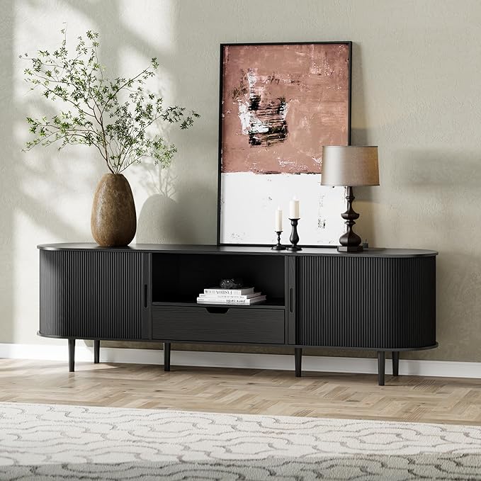 DHH 71" Fluted TV Stand with Power Outlet for TVs up to 80", TV Console with Adjustable Shelves and Sliding Door,Mid Century Modern Entertainment Center for Living Room,Bedroom (Black, 71Inch)