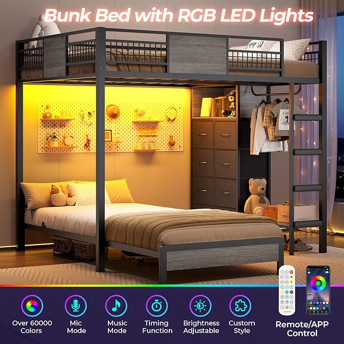 ADORNEVE Full Over Twin Bunk Bed with 8 Storage Drawers, Metal Loft Bed with Led Lights & Storage Shelves, Bunk Beds Twin Over Full Size with 13.4" H Safety Guardrail & Ladder, for Kids & Teens, Grey