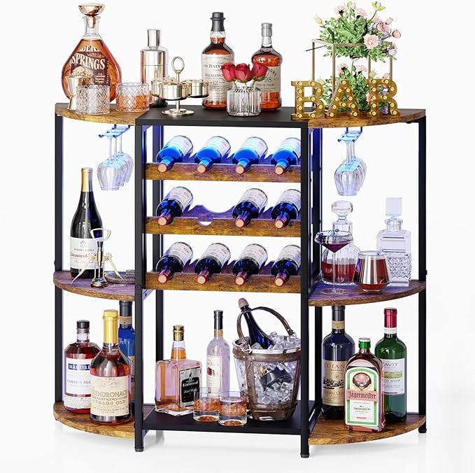 JKsmart Small Wine Bar Cart with LED Lights, Mini Wine Rack with Storage and Glass Holder, Home Bar Cart for Liquor, 3-Tier Bar Table for Kitchen, Dining Room, Living Room, Rustic Brown