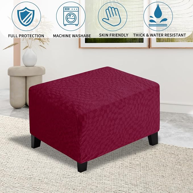 ZNSAYOTX 2026 Rectangle Ottoman Cover (L:28"-34") Super Stretch Soft Footrest Slipcover Form Fit, Universal Folding Foot Stool Covers with Non-Slip Elastic Band, Fashion Jacquard Texture, Wine Red