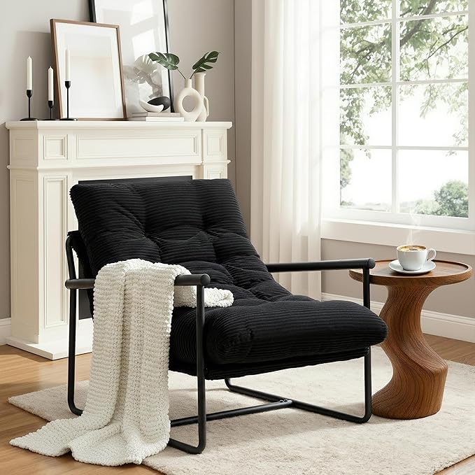 Modern Accent Chair Set of 2, Living Room Chair with Metal Frame,Upholstered Arm Chair with Soft Cushion for Bedroom Lounge Reading Room (Black)