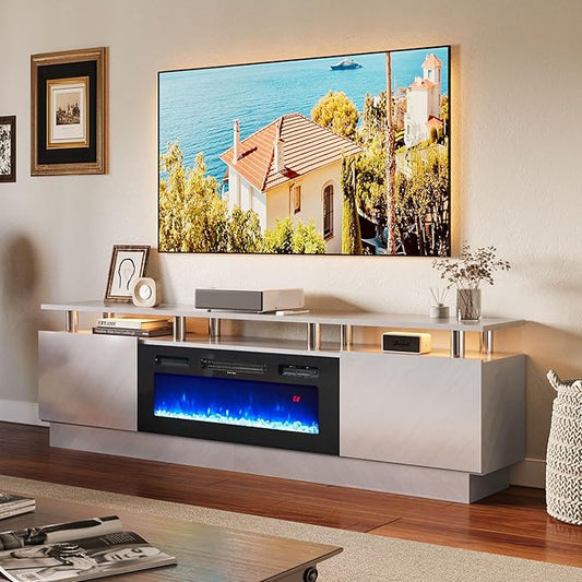 80" TV Stand & Entertainment Center, Media Console with Storage Cabinet, Fits TVs up to 90", Modern Living Room Furniture, 36" Electric Fireplace (Grey+Black)