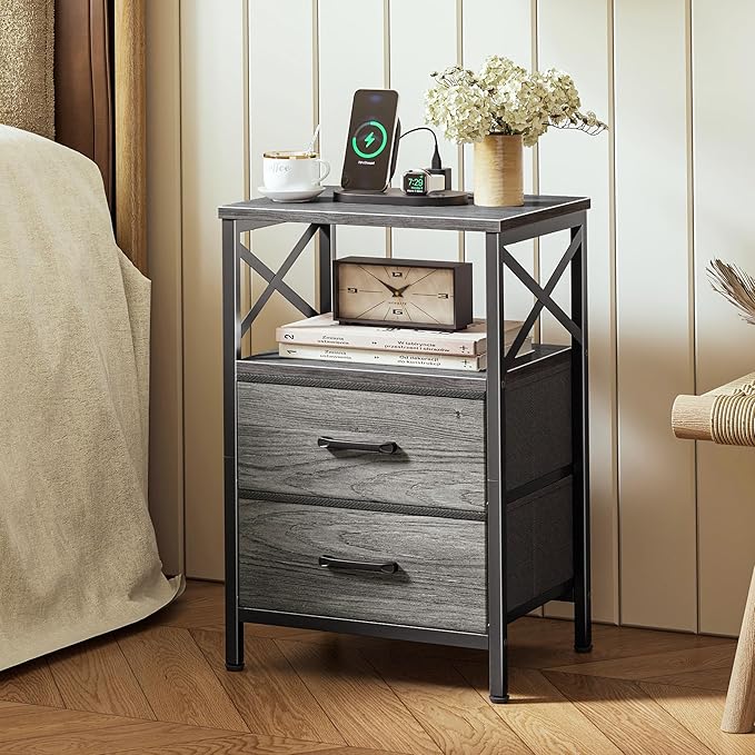 Huuger Nightstands Set of 2, Night Stand with Charger Station, 2 Drawer Side Table with Open Shelf, USB-C Port, End Table for Small Spaces, X Shaped Side Rail, Grey
