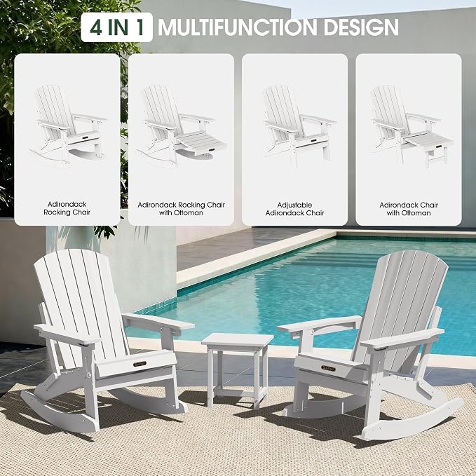 Adjustable Adirondack Rocking Chair with Retractable Ottoman Footrest, 4-in-1 Foldable HDPE Outdoor Rocker, Weather Resistant Adirondack Chair for Porch, Garden & Poolside, White