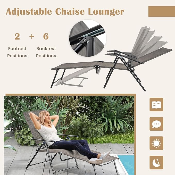 Giantex Lounge Chair Outdoor, Tanning Chair with 6 Adjustable Backrest, 2-Level Footrest, Folding Sunbathing Lounger for Patio, Poolside, Yard, Chaise Lounge Chair, Beach Chair