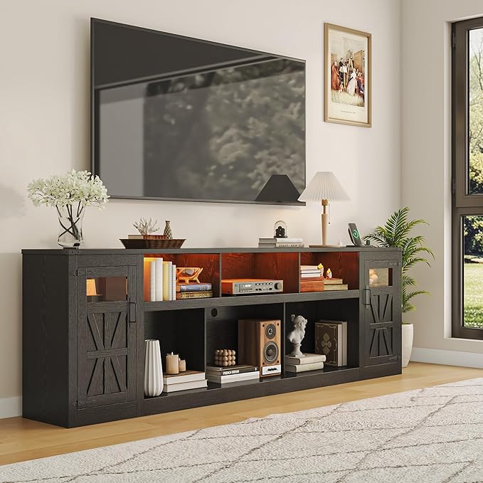 chartustriable Farmhouse TV Stand for 100 Inch TV,95" Entertainment Center w/LED Light,Large Media Console Cabinet w/Rustic Barn Doors,Power Outlets,Adjustable Shelves for Living Room,Black