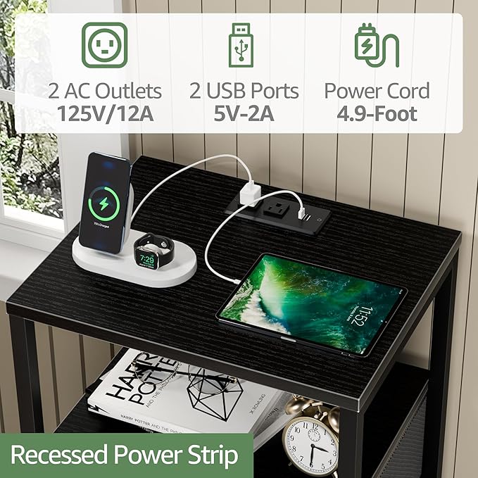 BOLUO Black Nightstand with Charging Station, LED Night Stand with 2 Fabric Drawers, Bedside Table with USB Ports and Outlets, Nightstand for Bedroom Modern