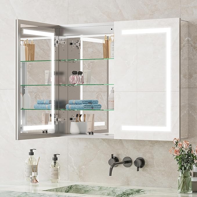 Double-Side LED Medicine Cabinet Mirror for Bathroom, Lighted Medicine Cabinet with 5 Mirrors, Interior Sensor Light, Dimmable, Anti-Fog, Outlets, Recessed or Wall Mount Aluminum Mirror Cabinet, 34x28