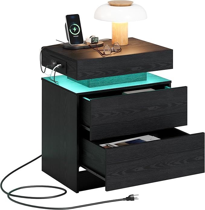 LIKIMIO Night Stand with Charging Station, Modern Black Nightstand with LED Light and Drawers, Bedside Tables/End Table for Bedroom