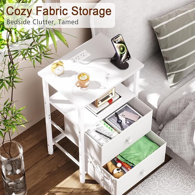 LOAKEKEL Night Stand, Nightstand with Charging Station, Slim Industrial Bedside Table with 2 Fabric Drawers, Small End Table with USB & Type-C Ports for Bedroom, White, HETS020WT-1