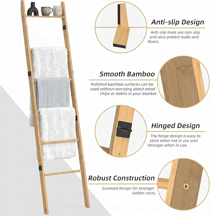 6 Tier Blanket Ladder with Shelf, Wooden Blanket Rack for Living Room, Leaning Towel Ladder Rack for Bedroom, Bathroom, Quilts, Throws, Towels and Farmhouse Décor