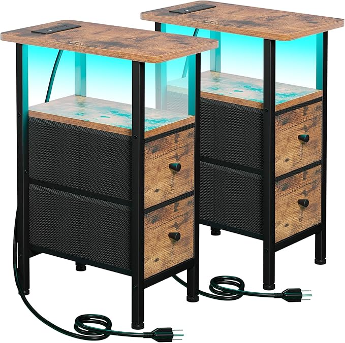 LOAKEKEL Narrow Nightstand with Charging Station, End Tables Living Room Set of 2, Skinny Side Table with Fabric Drawers, Small Sofa Table with LED Light for Bedroom, Brown, HETNDP02LBR