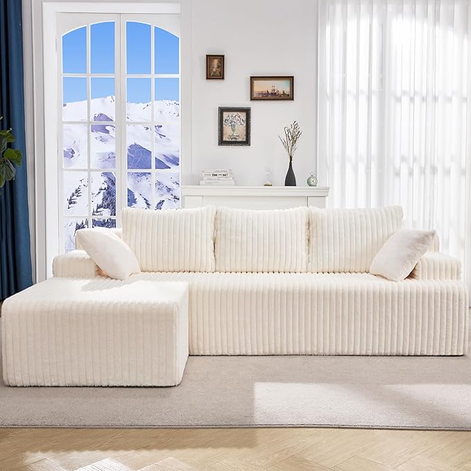 Hobestluk Modular Sectional Sofa Boneless Couch L-Shape Couch 3 Seat Modular Couch Memory Foam Sectional Couches for Living Room Furniture, Cloud Couch Lounge (White Stripe, 98" Left Facing Chaise)