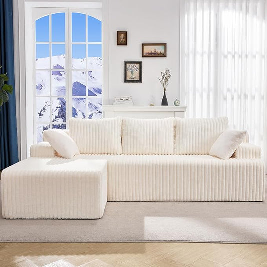 Hobestluk Modular Sectional Sofa Boneless Couch L-Shape Couch 3 Seat Modular Couch Memory Foam Sectional Couches for Living Room Furniture, Cloud Couch Lounge (White Stripe, 98" Left Facing Chaise)