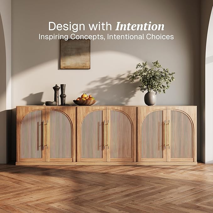 BELLEZE Set of 3 Modular Sideboard with Double-Arc Wood Doors, 97'' Arched Buffet Cabinet with Storage and Adjustable Shelves, Classic Modern Credenza for Dining Room Living Room Entryway (Camel)