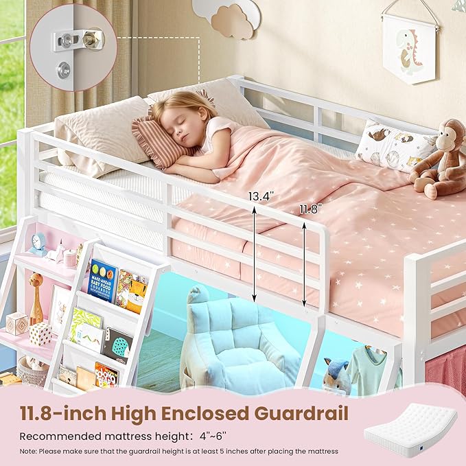 MSmask Low Loft Bed with 7 Storage Drawers & Reading Nook, Kids Twin Loft Bed with Bookshelf, LED Lights & Safety Guardrail, Loft Bed Twin Size with 35.8''H Play Space, Inclined Ladder, White & Pink