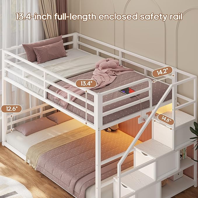 ADORNEVE Low Bunk Bed Twin Over Twin with Stairs, Storage Drawers & Shelves, RGB LED Lights Metal Floor Bunk with Power Outlet, Full-Length Guardrail & Metal Slats, for Small Space, Kids, White