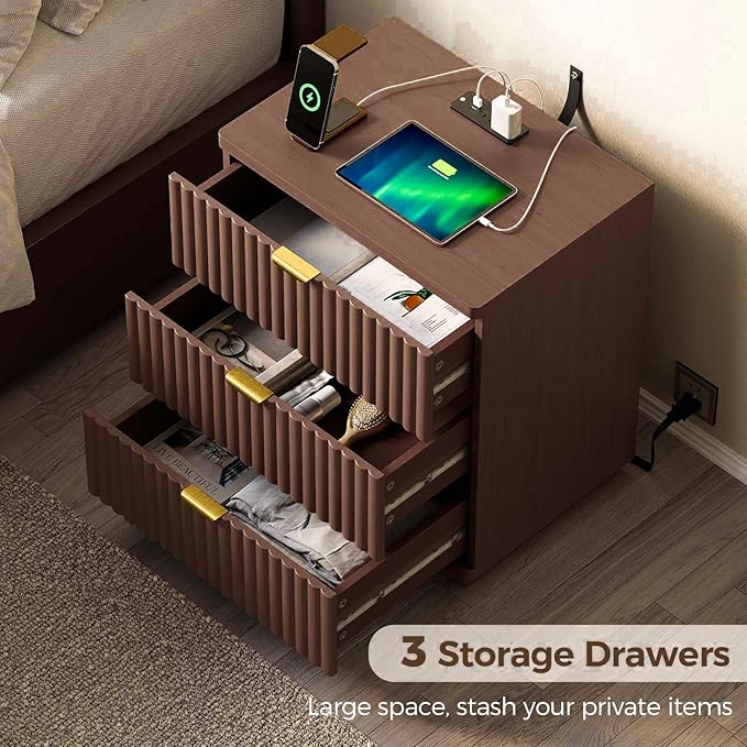 Nightstand with Charging Station, Wood Night Stand with 3 Drawers Storage Bedside Table Large Fluted Bed Side End Table, Modern Nightstand for Bedroom Living Room (Walmut)