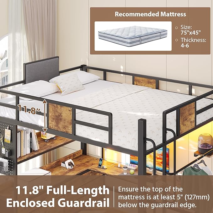 Dnxao Full Loft Bed with Desk and 5 Storage Drawers, 800lb Capacity Heavy Duty Metal Bed Frame for Adults & Teens, LED Lights, Charging Station, Pegboard & Shelves, Rustic Brown