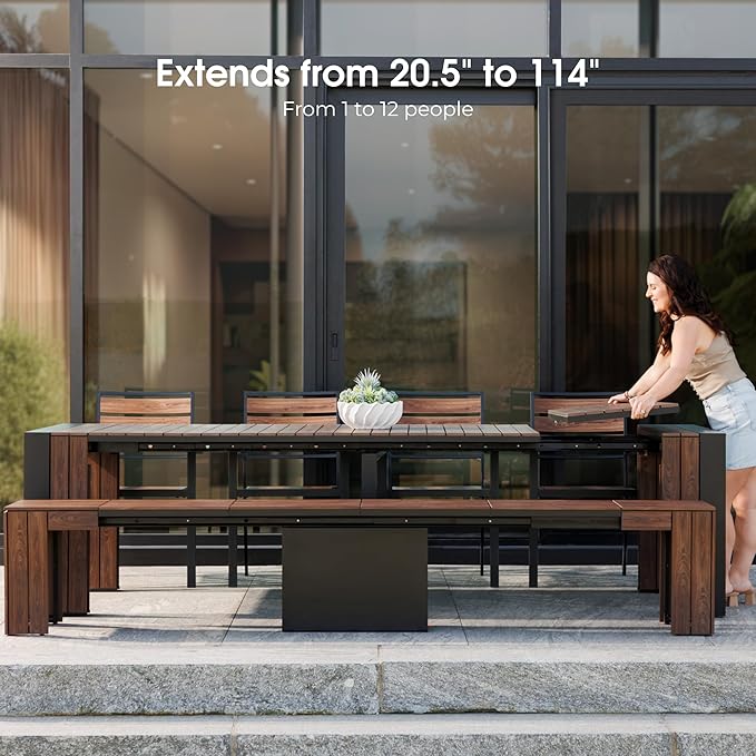 Transformer Table - Extendable Outdoor Dining Set, up to 12 Seats, Expandable Patio Table, Weather-Resistant Patio Furniture, Dark Walnut, Brown (Table + Bench + 4 Chairs + Umbrella)