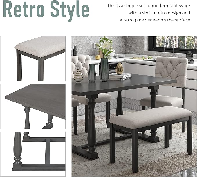 Harper & Bright Designs 6-Piece Dining Table and Chair Set with Special-Shaped Legs and Foam-Covered Seat Backs&Cushions for Dining Room (Gary)