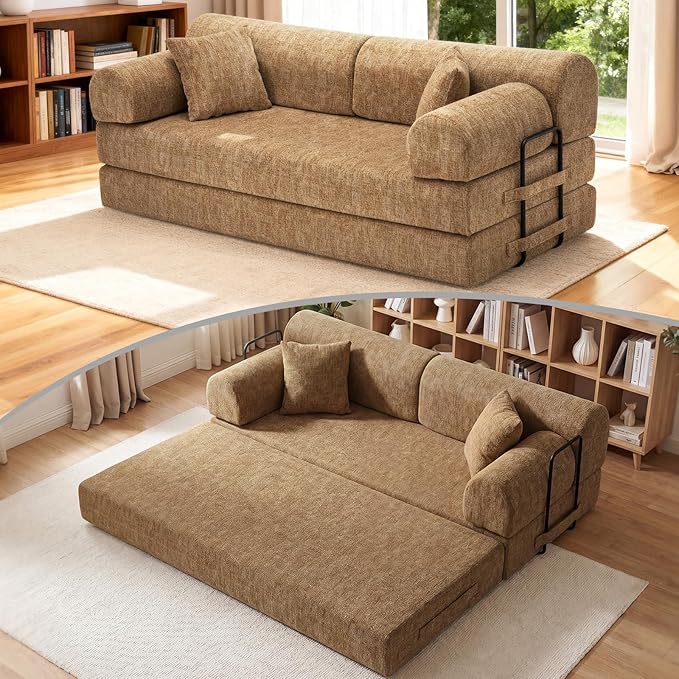 78.8" Convertible Sofa Bed with Removable Arm & 2 Pillows, 6-in-1 Corduroy Boneless Couch for Living Room, High-Density Sponge Sectional Couches, Sleeper Bed Loveseat, No Assembly, Ochre