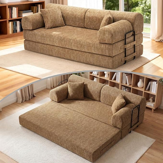 78.8" Convertible Sofa Bed with Removable Arm & 2 Pillows, 6-in-1 Corduroy Boneless Couch for Living Room, High-Density Sponge Sectional Couches, Sleeper Bed Loveseat, No Assembly, Ochre