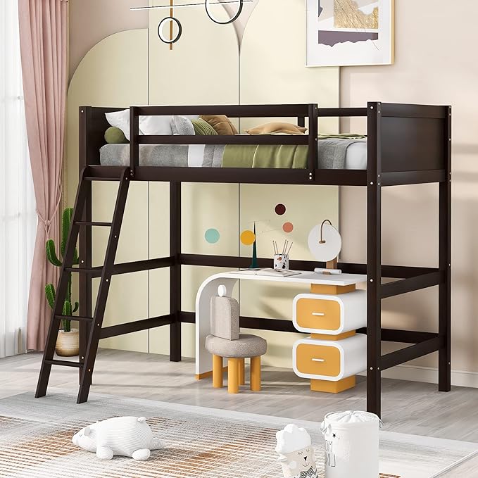 Merax Twin Modern Kids Wood Loft Bed with Gardrail and Ladders Loft Bunk Bed for Juniors, No Box Spring Needed, Espresso