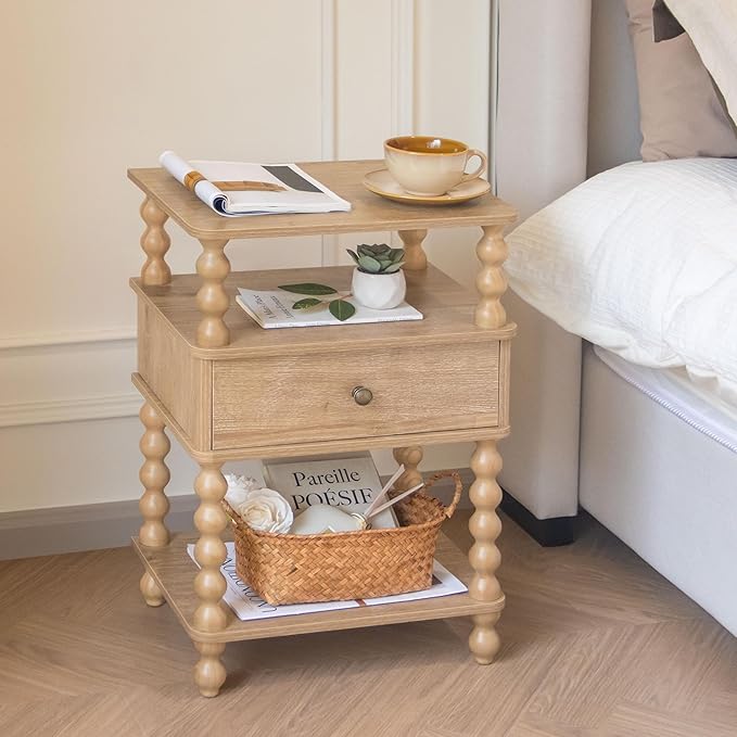 AWASEN Night Stand with Drawer, Bedside Table with Storage, 3-Tier Small Nightstand End Table for Bedroom with Solid Wood Spindle Legs, Rustic Walnut