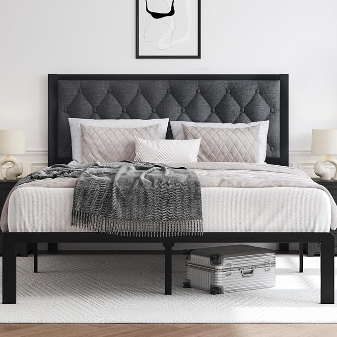 HISOFT Queen Bed Frame with Upholstered Button Tufted Headboard, Bed Frame Platform Metal Slats Support, Under Bed Storage, No Box Spring Needed, Noise-Free, Easy Assembly, Grey