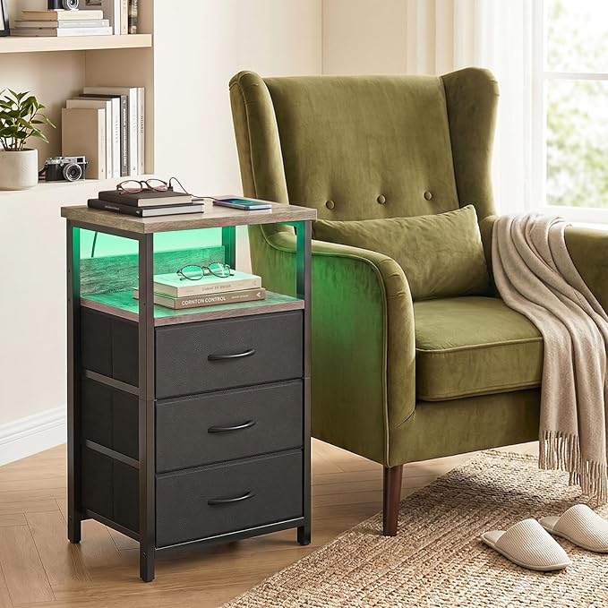 Fixwal Night Stand with Charging Station, LED Nightstand with Fabric Drawers, End Table with PU Finish, Bed Side Table, French Oak