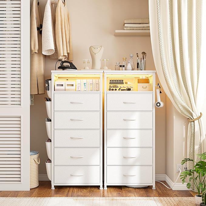 EnHomee Tall Nightstand Set of 2, Bedside Table with Charging Station and LED Light, Night Stand with Extra Side Bag & Hooks, Bedroom, Closet, Hallway, Entryway, White