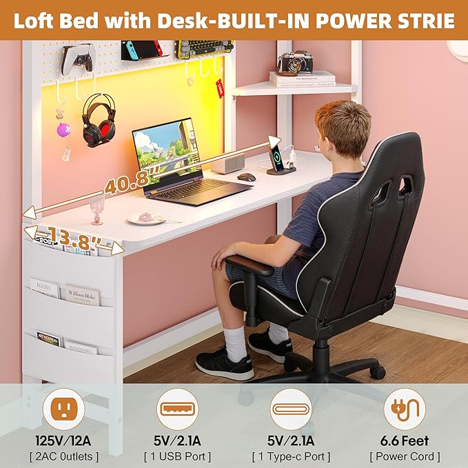 Dnxao Twin Size Loft Bed with Desk, Anti-Wobble Heavy Duty Metal Frame with DIY Pegboard & 6 Storage Drawers, LED Lights, Charging Station with Type-C, Space-Saving Workstation for Kids Teens, White