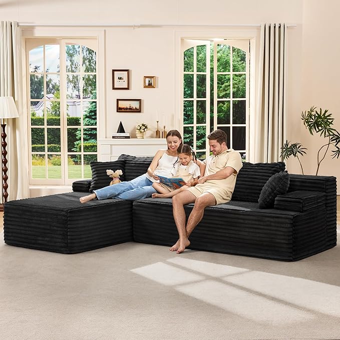 Hobestluk Modular Sectional Sofa Boneless Couch L-Shape Couch 3 Seat Modular Couch Memory Foam Sectional Couches for Living Room Furniture, Cloud Couch with Oversized Chaise (108" Left Facing Chaise)