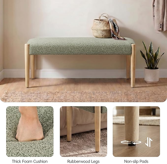VKNOW Upholstered Dining Room Set for 4, Mid-Century Modern Dining Chairs Set of 2 and Dining Bench with Rubberwood Legs, for Dining Room, Living Room, Kitchen, Green