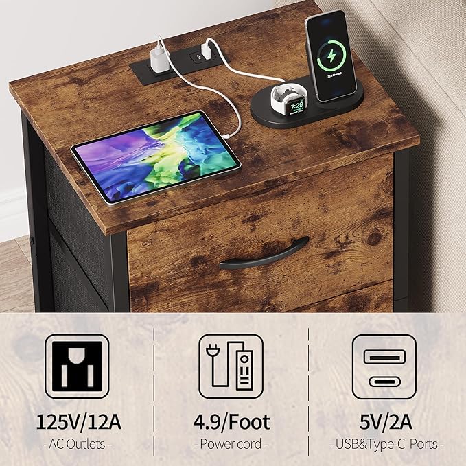 Vagusicc Nightstand with Charging Station, Bedside Table with USB Ports and Outlet, End Table Side Table with 2 Fabric Drawers for Bedroom, Living Room, Rustic Brown