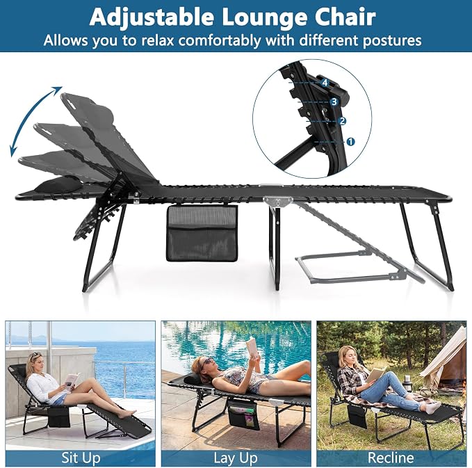 COSTWAY Folding Chaise Lounge Chair, Foldable Pool Lounger with 4-Position Adjustable Backrest, 2-Position Footrest & Soft Pillow, Patio Tanning Chair for Beach, Poolside (1, Black)