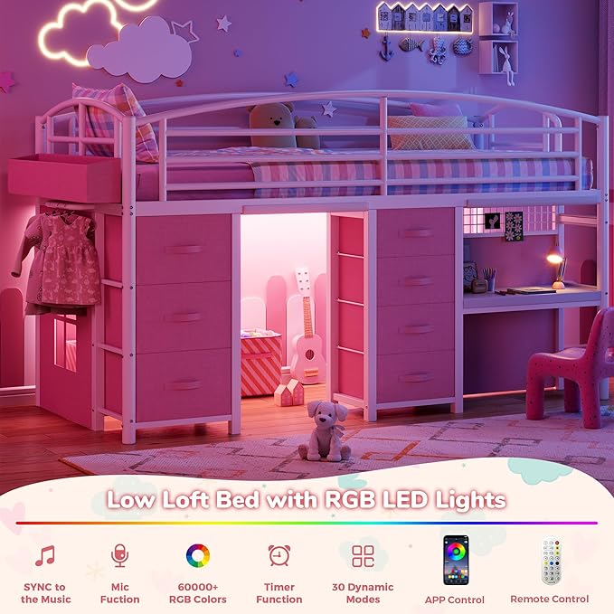Twin Low Loft Bed with Desk, 7 Storage Drawers & LED Lights, Kids Metal Loft Bed with 12" H Safety Guardrail, Underbed Play Space & Curtain, Anti-Collision Pad (Pink)