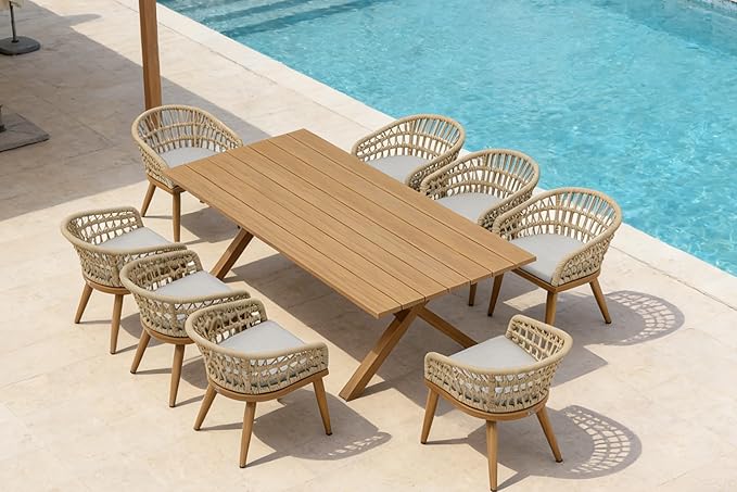 PURPLE LEAF 9 Pieces Outdoor Dining Set All-Weather PE Rattan Outdoor Patio Furniture Set with All Aluminum Frame Rectangular Table and Chairs Set for Lawn Garden Backyard Deck, Teak