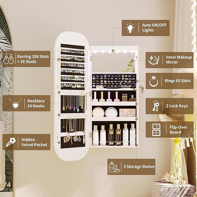 LVSOMT LED Lights Mirror Jewelry Cabinet, Wall Mount/Over the Door Jewelry Armoire Organizer, 42" Full Length Mirror with Storage, Built-in Makeup Mirror, Lockable Mirror Cabinet for Jewelry, White