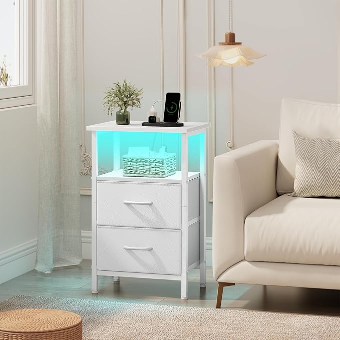 Vagusicc White Night Stand with Charger Station, LED Nightstand with 2 Fabric Drawers, Bedside Table with USB Ports and Outlets, Bed Side Tables with Storage Shelf, 24.2" Tall Nightstand for Bedroom